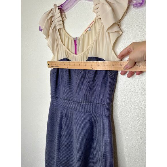 Rebecca Taylor Cream Ruffle Pleat Shoulder Blue Jean Stripe Linen Sheath Dress 0 - Picture 12 of 12